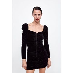 ZARA NWT Black Velvet Ruched Lace Up Mini Dress